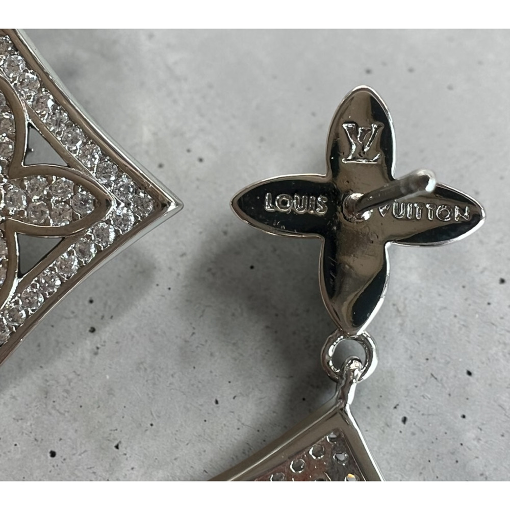Louis Vuitton Silver LV Monogram Flower Crystal Dangle Drop Earrings (LVXX020) - Picture 6 of 7